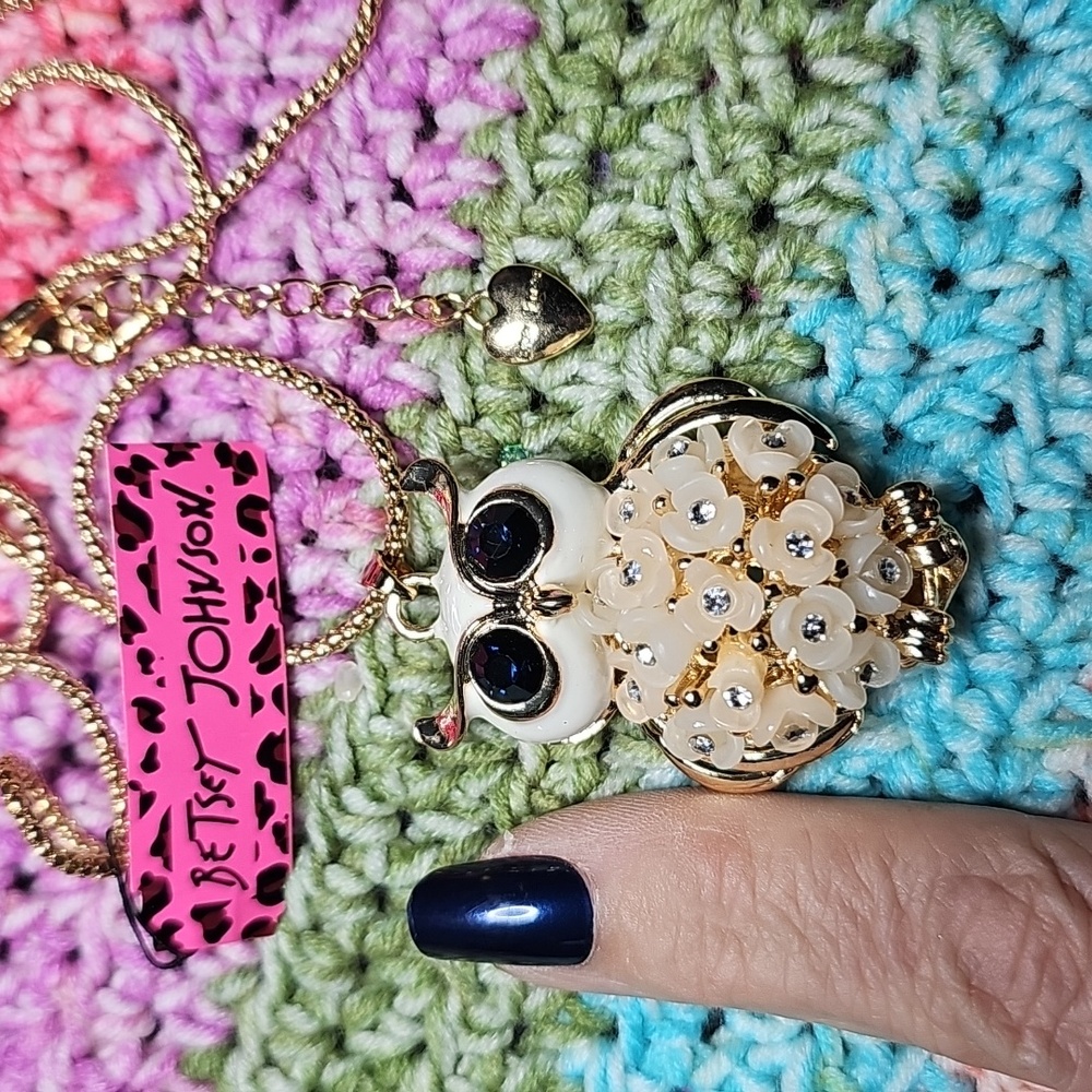 Betsey Johnson Gold and White Floral Owl Necklace